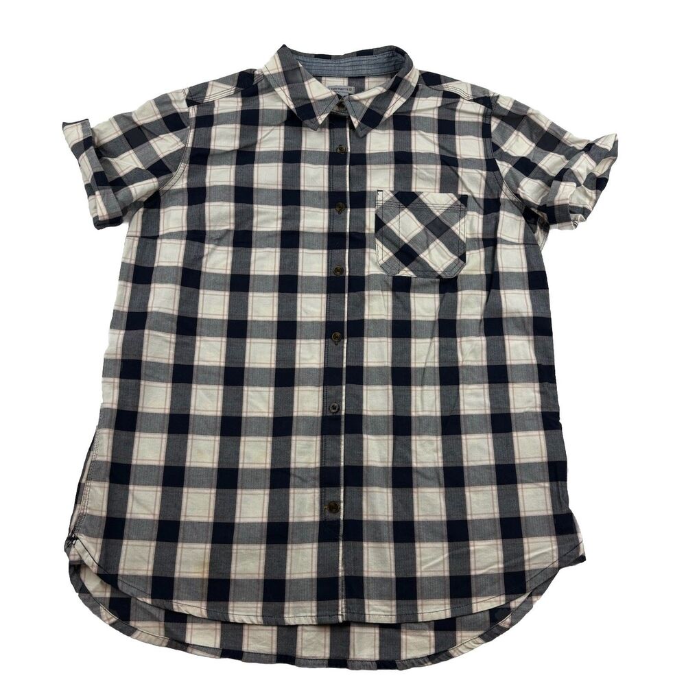Carhartt Button Up Shirt Womens L 12/14 Check Plaid Utlity Pocket Short Sleeve